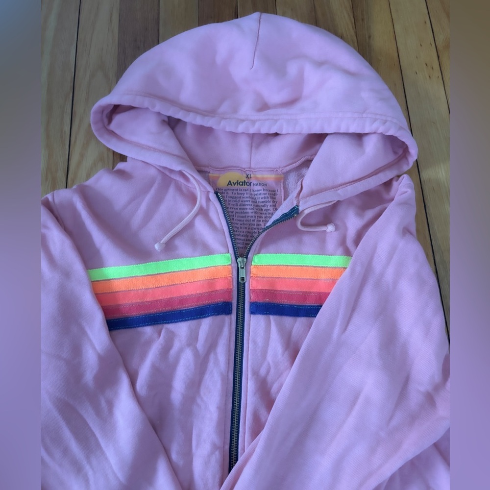 Aviator Nation Light Pink Hoodie with Rainbow Accents